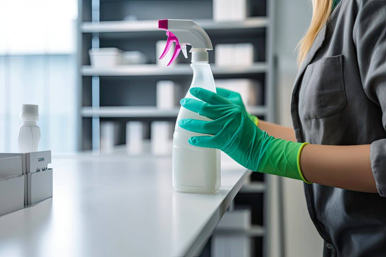 Limpia y seca tu oficina. Mujer joven sosteniendo una botella de spray y un trapo, limpiando la superficie de un armario de metal en un alojamiento.