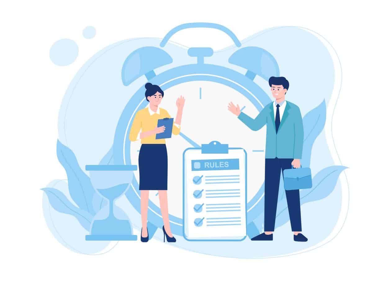 gente hablando sobre las reglas de horas de trabajo ilustración plana del concepto