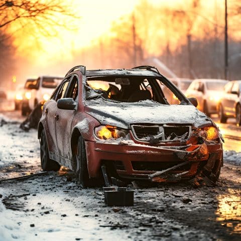 Accidente de coche en invierno en una carretera resbaladiza con nieve y hielo debido a conducción peligrosa por intoxicación.