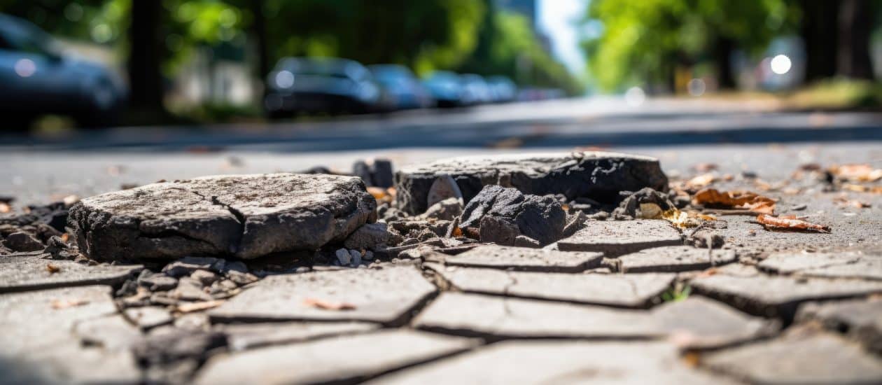 Baches y pavimento agrietado en una calle urbana con árboles y coches estacionados al fondo. El deterioro de la carretera es visible, con trozos de asfalto levantados y dañados, lo que representa un posible peligro para vehículos y peatones.